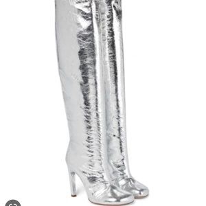 DRIES VAN NOTEN SILVER CRACKED LEATHER KNEE BOOTS